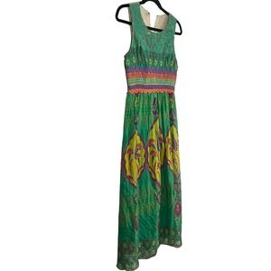 Hemant & Nandita Mintzita Green Silk Maxi Dress Anthropologie Boho‎ Embroidered